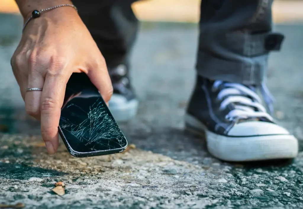 homem pegando celular que ele derrubou no chão