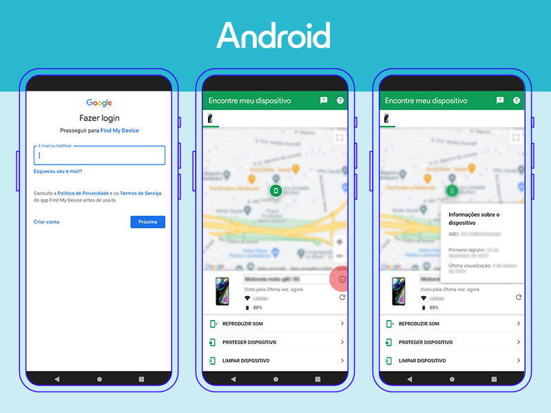 Tela de login e localização de dispositivo Android