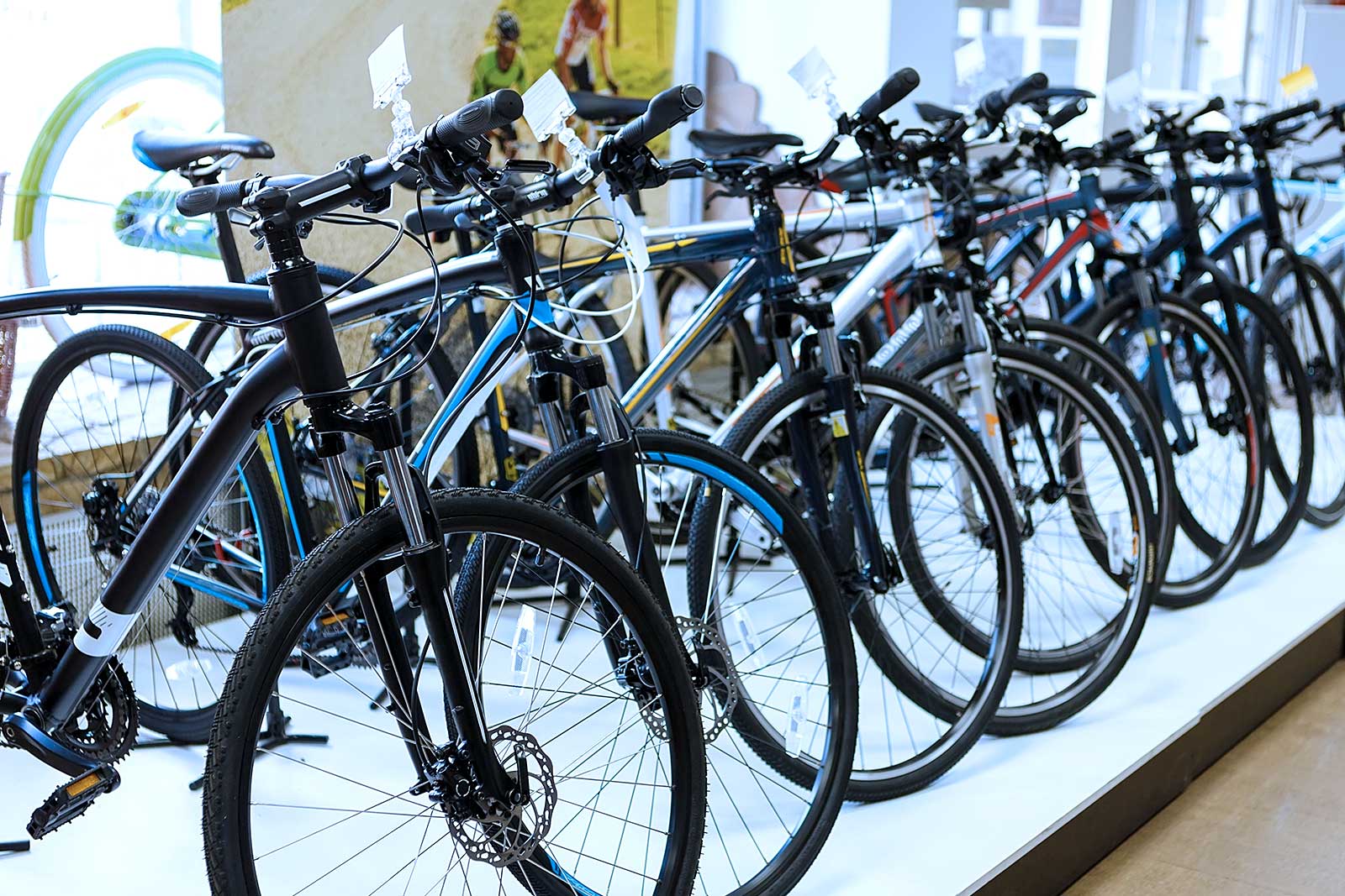 Diversas bicicletas expostas em loja