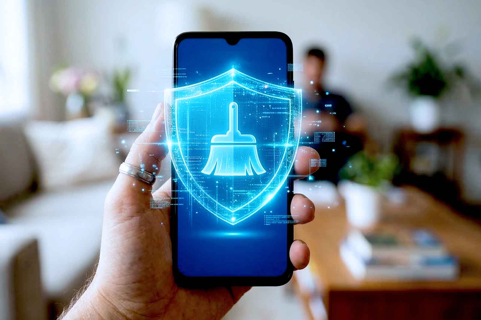 Celular mostrando ícone de proteção e limpeza digital.