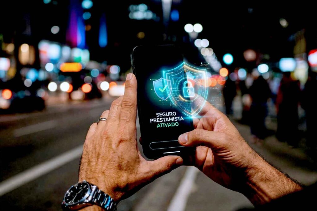 Pessoa segurando celular com ícone de segurança.
