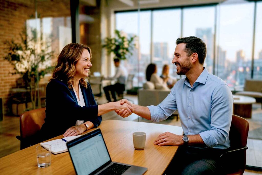Mulheres e homens se cumprimentando em escritório moderno