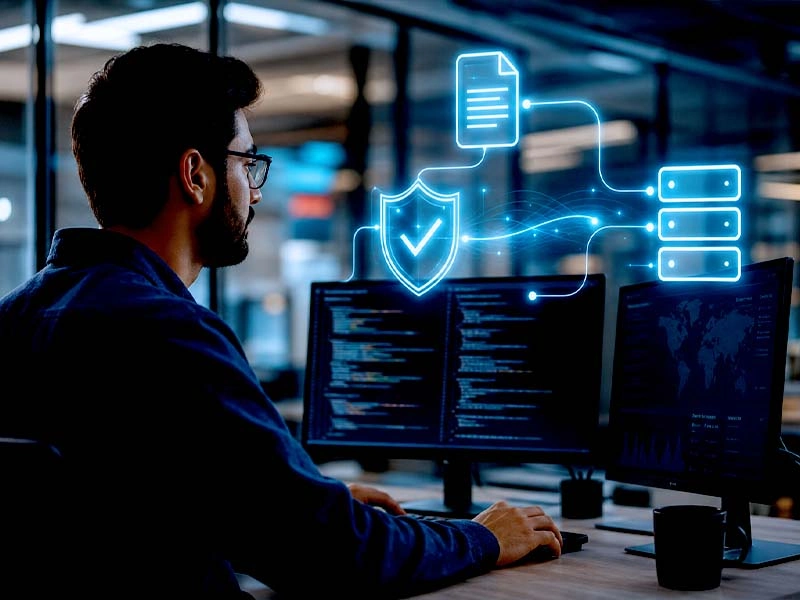 Homem trabalhando no computador com gráficos holográficos de escudo e servidor, representando segurança digital.