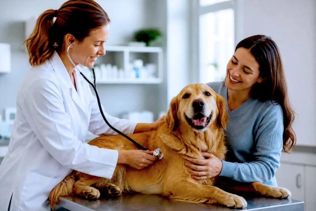 Veterinária sorridente examina cão Golden Retriever com estetoscópio ao lado da tutora na clínica.