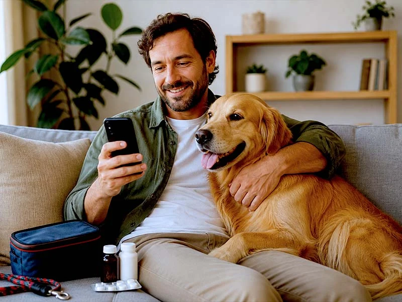 Homem sorri usando celular no sofá abraçado com cão Golden Retriever próximo a frascos de remédio.