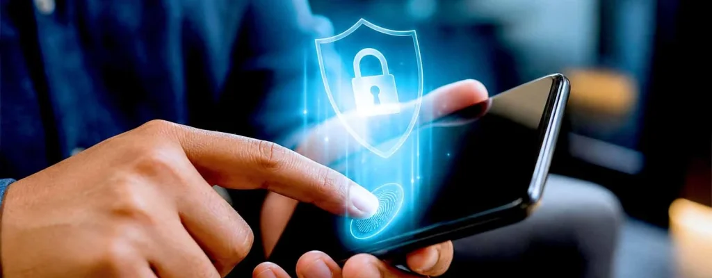 Mão tocando leitor digital de celular com holograma de escudo e cadeado aceso.