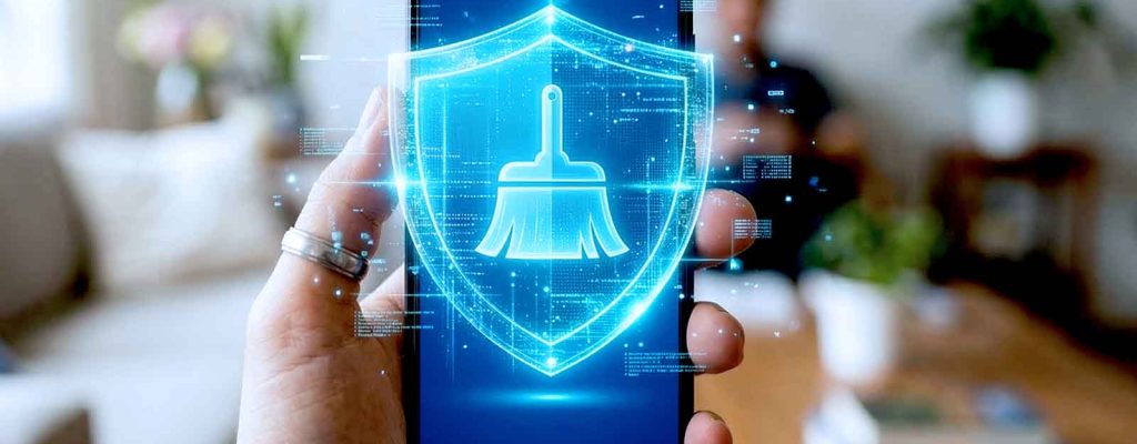 Celular mostrando ícone de proteção e limpeza digital.