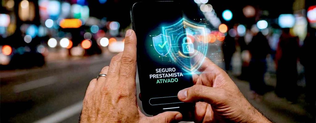 Pessoa segurando celular com ícone de segurança.