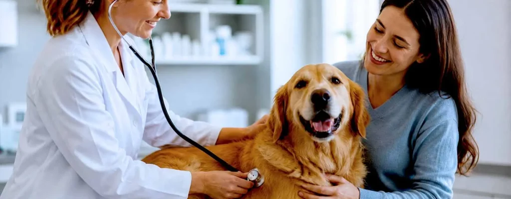 Veterinária sorridente examina cão Golden Retriever com estetoscópio ao lado da tutora na clínica.
