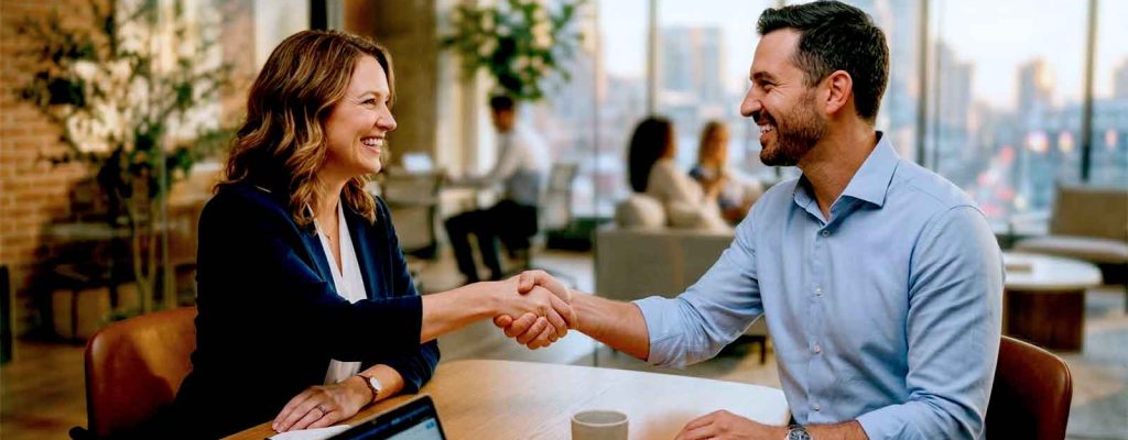 Mulheres e homens se cumprimentando em escritório moderno