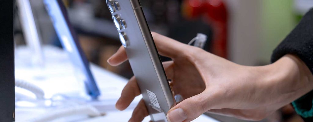 Mão segurando smartphone em loja de eletrônicos