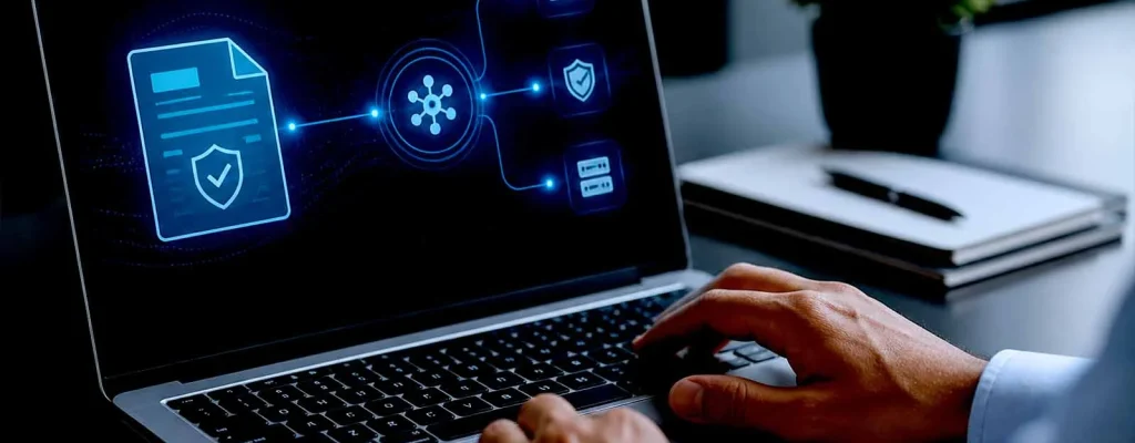 Mãos digitando em notebook que exibe gráfico luminoso de documento protegido por escudo e rede de dados.